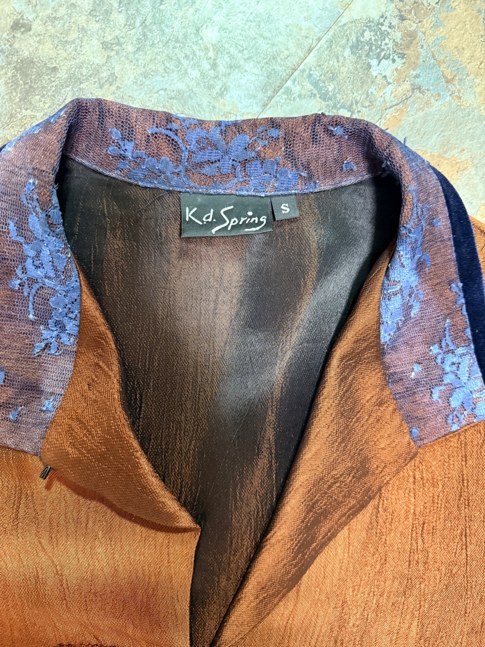 KD Spring metallic bronze jacket with blue lace on collar. Size S - Picture 2 of 8